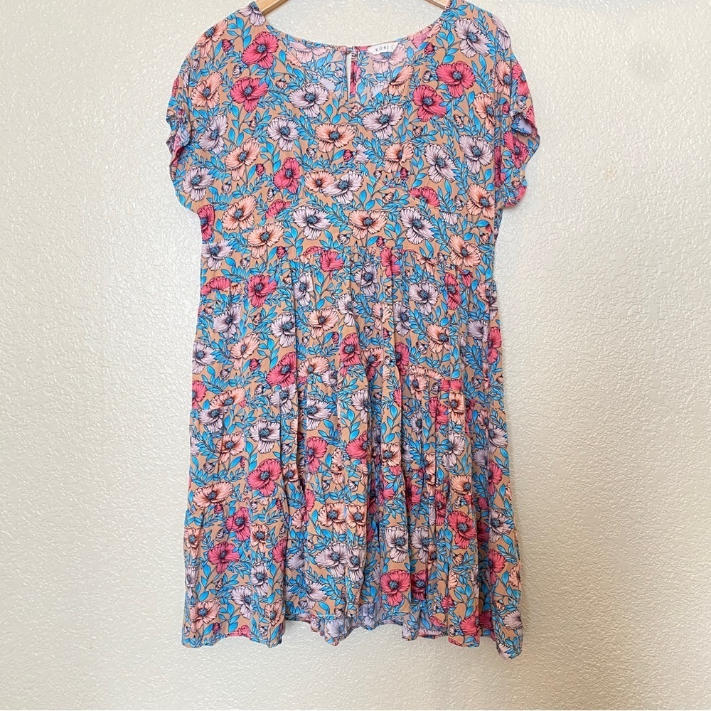 KORI floral shift dress cottagecore boho large blue orange pink short sleeve